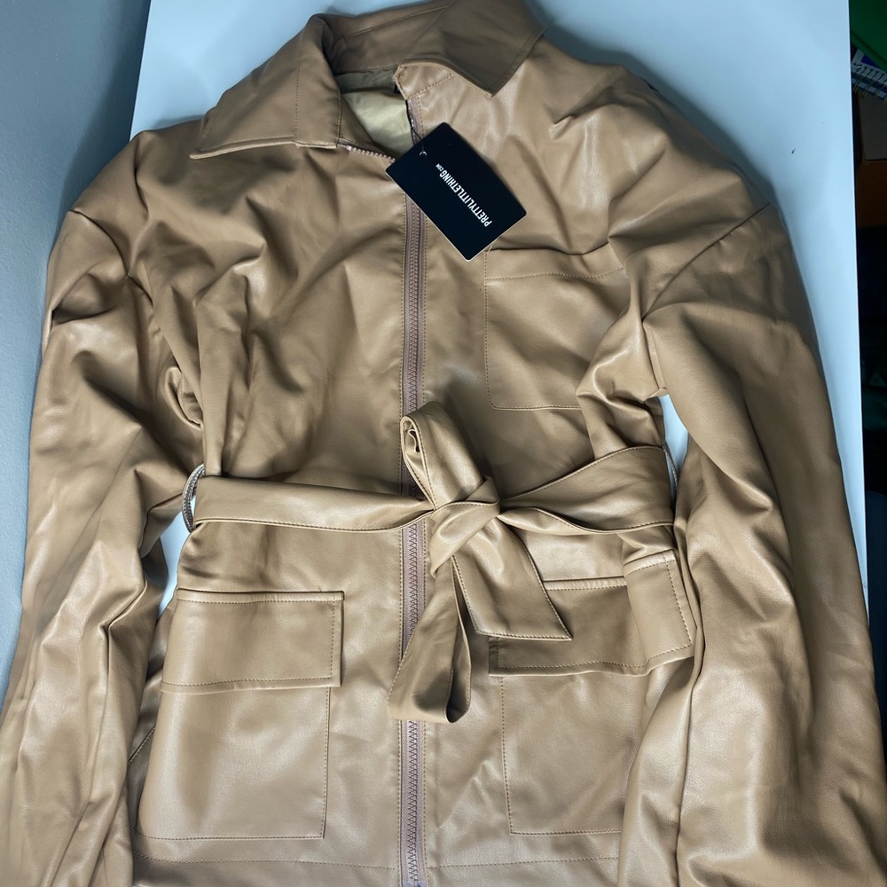 Camel Faux Leather Longline Ruched Sleeve Belted
Jacket